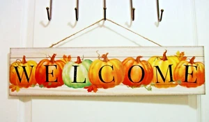 Fall Autumn Thanksgiving Wooden Hanging Sign Decoration WELCOME Pumpkins 23.5" - Picture 1 of 3