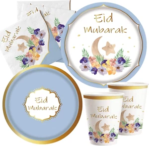 Eid Mubarak Tableware Set - 16 Guests Ramadan Eid Mubarak Gold Foil Decorations - Picture 1 of 12