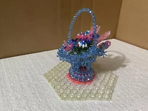 Blue Safety-Pin Beaded Basket w/Flowers (6”) And Doily 6”. NICE - Picture 1 of 6