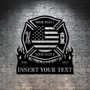 Personalized Firefighter Maltese Cross Metal Sign. US Firefighter Wall Sign Gift - Picture 1 of 7