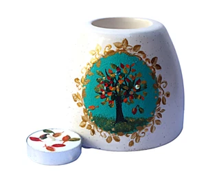 Ceramic Tea Light Holder Gift Set Hand Painted Tree of Life Design Boho Decor - Picture 1 of 8
