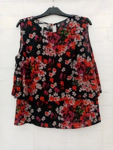 Hobbs Ladies Blouse Size 10 Black Red Multi Floral Sleeveless Overlay Round Neck - Picture 1 of 13