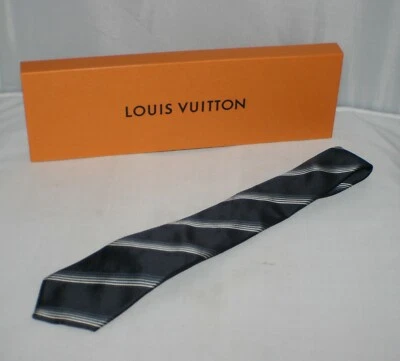 路易威登 LV 正品男式丝绸海军蓝条纹设计师领带意大利带盒 — 第 1/4 张图片