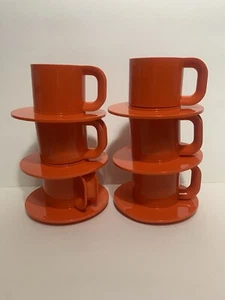 Set of 6 Orange MCM Heller Max 2 By Massimo Vignelli Cups & Saucers - Picture 1 of 8
