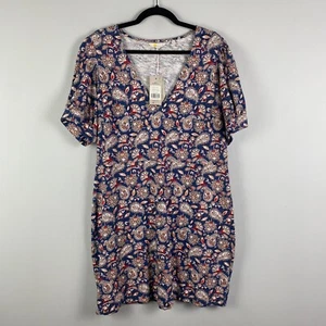 Boden V-Neck Jersey Mini Dress Size 12 Blue Pink Paisley Floral Puff Sleeve - Picture 1 of 11