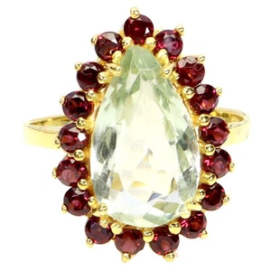925 Sterling Silver Ring Pear Green Amethyst 14x9mm Rhodolite Gemstone Size 6.5 - Picture 1 of 13
