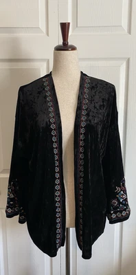 Cardigã feminino sombra quimono M preto veludo bordado boêmio caprichoso - Imagem 1 de 4