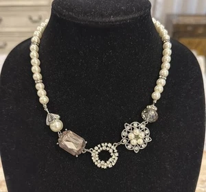 Vintage Silver Tone White Faux Pearl Rhinestone Beaded Choker Statement Necklace - Picture 1 of 4