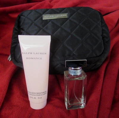 Ralph Lauren Romance 2 peças conjunto 1,0 oz Eau de Parfum spray 2,5 oz loção corporal bolsa cosmética - Imagem 1 de 4