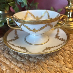 De Colección Limoges Francia Ovington Bros NY Oro Laurel Guirnalda Taza Platillo Doble Mango - Imagen 1 de 8