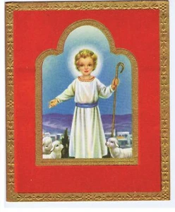 Young Jesus with Staff & Lambs Flocked Gold Trimmed Vintage Christmas Card - Picture 1 of 2