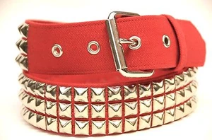 Canvas Belt Three Row Pyramid Stud Red Punk Rock Gothic 70's British Style - Picture 1 of 3