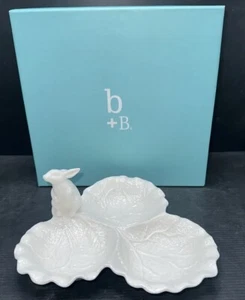 Burton & Burton  White Majolica Cabbage Leaf Tri-Section Dish W/ Bunny In Box - Picture 1 of 13