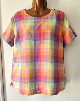 Top Lands End 100 % lino multicolor a cuadros cuadrado con detalles de botones. Talla M Foto 1 de 4