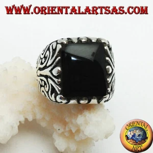 Ring aus Silber 925‰ Massiv Mit Onyx Rechteckig Und Blütendekor - Bild 1 von 2