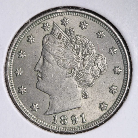 1891 Liberty V Nickel CHOICE AU+ E199 VPM Cover