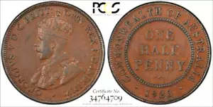 AUSTRALIA 1923 HALF PENNY KEY DATE LOW MINT RARE HIGH PCGS GRADE #07 - Picture 1 of 1