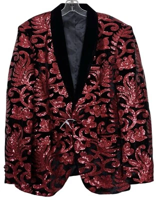 PYJTRL Men Fashion Velvet Sequins Floral Pattern Suit Jacket Blazer Red Black - Image 1 of 4