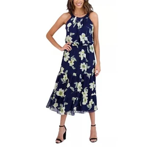ROBBIE BEE Petite Halter Maxi Dress Chiffon Floral Print Navy 10P - Picture 1 of 5