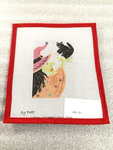 Halloween Handpainted Needlepoint Canvas Witch Cat by Patt and Lee Designs - Picture 1 of 4