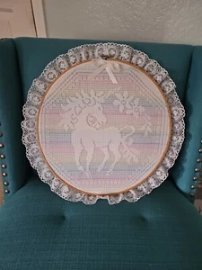 Crochet Lace UNICORN Wall Decor Vintage Round Hanging 14" Wood Frame Rainbow - Picture 1 of 6