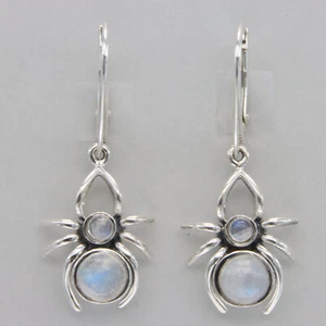 925 Sterling Silver - Round Rainbow Moonstone Spider Leverback Dangle Earrings - Picture 1 of 11