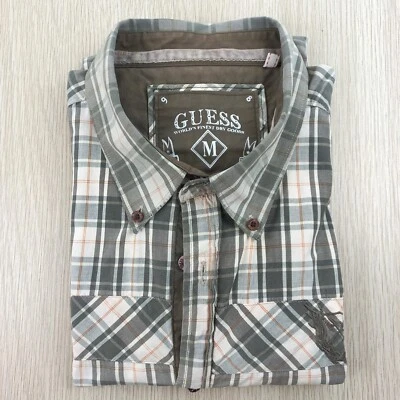 Guess Long Sleeve Shirt Men's Size M Collared Button-Up Plaid Ivory Khaki Cotton - image 1 of 4