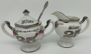 Silver 25th Anniversary Cream & Sugar Bowl Set ~ Vintage Norcrest Japan # L-402 - Picture 1 of 14