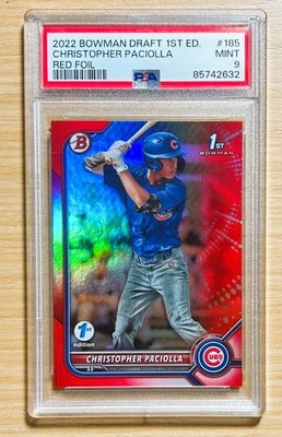 2022 Bowman Draft 1st Edition CHRISTOPHER PACIOLLA RED FOIL SSP, Cubs PSA 9 - Image 1 of 2