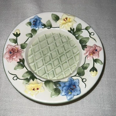 CERAMIC CANDLE 5 1/2" PLATE FOR SMALL JAR WHITE PINK PURPLE LILLY FLOWER DESIGN - Image 1 of 3
