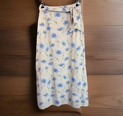 Saia Longa Vintage Floral 18W Laço Elástico Gingham Bege Flores Azuis Romântico - Imagem 1 de 4