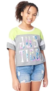 Justice Girls Top Green Size 7/8 Pullover Short Sleeve Colorful Logo Graphic - Picture 1 of 8
