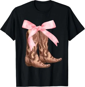 Coquette Pink Bow Cowboy Boots Cute Y2K Teen Girls, Women T-Shirt Hoodie - Picture 1 of 17