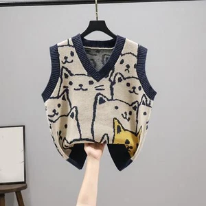 Knitted Sweater Vest Animal Print Pattern Waistcoat Sleeveless Gilets Vest - Picture 1 of 12