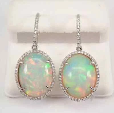 Natural 14K White Gold Plated Silver 4Ct Oval Cut Fire Opal Halo Dangle Earrings - Image 1 of 4