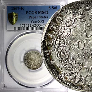 Italian States PAPAL STATES Pius IX Year XXI 1867-R 5 Soldi PCGS MS62 KM#1375(1) - Picture 1 of 5