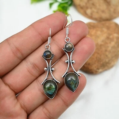 925 Sterling Silver Jewelry Natural Labradorite Gemstone Handmade Earrings Gift - Image 1 of 4