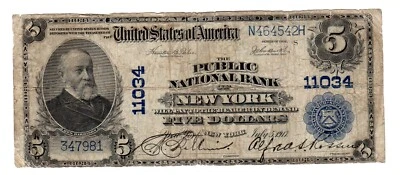 STATI UNITI AMERICANI USA $5 dollari 1917 NEW YORK PUBLIC NATIONAL BANK 11034 - Immagine 1 di 2