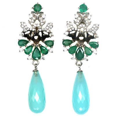 Unbeheizter Edelstein Blauer Chalcedon, Smaragd & Zirkonia Ohrringe 925 Silber - Bild 1 von 4