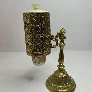Vintage Brass Tone Metal Decorative Dixie Cup Dispenser Holder Bathroom Vanity - Picture 1 of 6