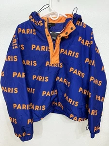 Girls Forever 21 PARIS PRINT Blue Orange Puffer Jacket 1/4 Snap zip Coat Size L - Picture 1 of 7