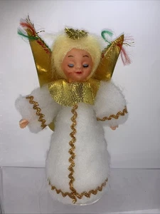Vtg Rubber Face Angel Christmas Tree Topper White Gold Eyes Closed Blue Makeup - Picture 1 of 5