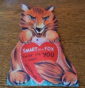 VINTAGE LARGE MECHANICAL VALENTINE CARD RED FOX HOLDING A HEART 8 1/8" - Picture 1 of 3