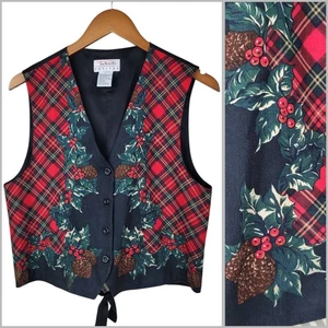 Vintage Talbots Plaid Vest Size Medium Petite Holly Pinecone Holiday Christmas - Picture 1 of 7