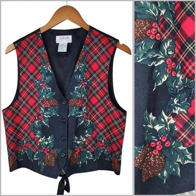 Vintage Talbots Plaid Vest Size Medium Petite Holly Pinecone Holiday Christmas - Image 1 of 4