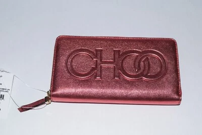 ¡NUEVO EN CAJA! Auténtica Cartera con Cremallera de Cuero Rosa Metálico en Relieve con Logotipo de Jimmy Choo Bettina Foto 1 de 4
