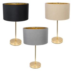Gold Stem Table Lamp Light Living Room Bedroom Light Fabric Shade Metallic Inner - Picture 1 of 36
