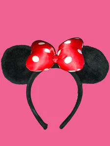 Disney Parks Minnie Mouse Black Furry Red Polka Dot Bow Ear Headband Tag Removed - Picture 1 of 4