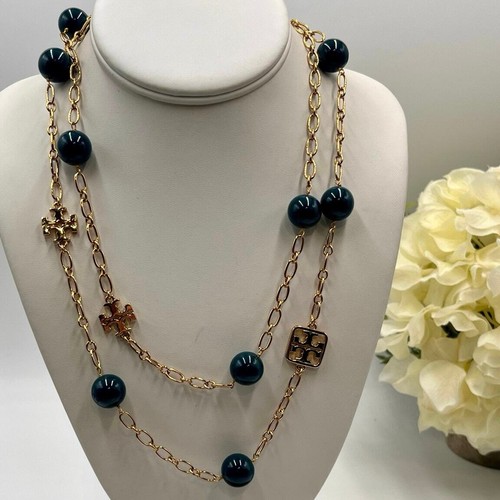 Collana Tory Burch Designer Evie Teal Resina Logo Stazione Placcata Oro