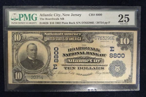 THE BOARDWALK NATIONAL BANK OF ATLANTIC CITY $10 FR626 PLAIN BACK PMG VF 25 - Picture 1 of 2